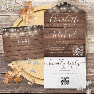 Rustikale Holz-QR-Code-Mason-Glas-Lichter-Hochzeit All In One Einladung