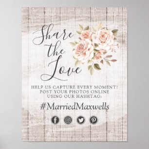 Rustikale Holz Romantische Rosen Hochzeit Hashtag  Poster