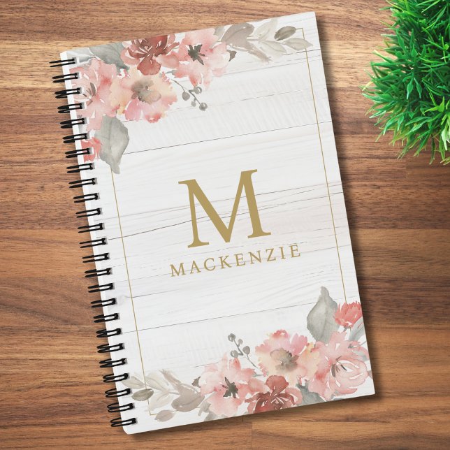 Rustikale Holz-Rosa-Blumen-Aquarell-Monogramm Notizbuch (Von Creator hochgeladen)