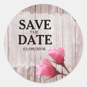 Rustikale Holz-Rosa-Rospen-Hochzeit - Save The Dat Runder Aufkleber