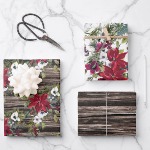 Rustikale Holz-Rote Weihnachtssterne Tannennadeln Geschenkpapier Set