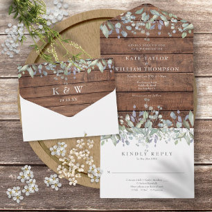 Rustikale Holz-Salbei- und Flieder-Blumenmonogramm All In One Einladung