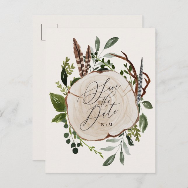 Rustikale Holz Scheiben Hochzeit speichern das Dat Ankündigungspostkarte (Vorne/Hinten)