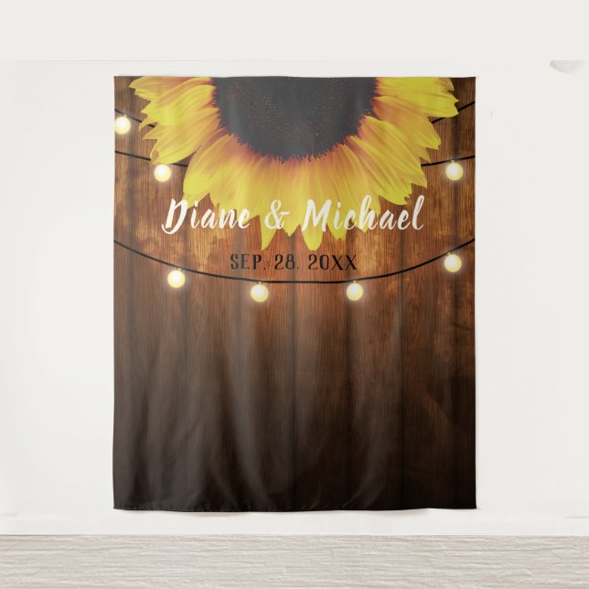 Rustikale Holz-Sonnenblumen-Hochzeit-Fotobooth-Kul Wandteppich (Vorderseite)