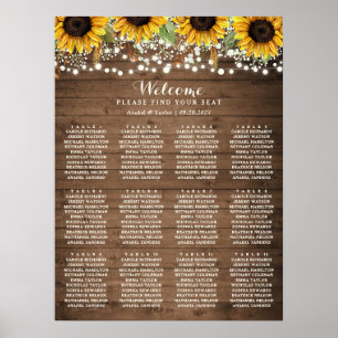Rustikale Holz-Sonnenblumen-Lichter Hochzeit Sitzp Poster