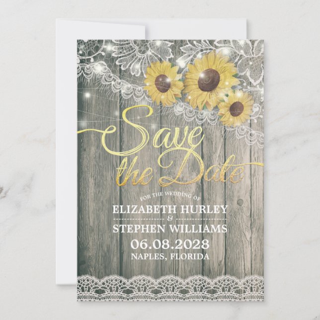Rustikale Holz Sonnenblumen Spitzen Hochzeit rette Save The Date (Vorderseite)