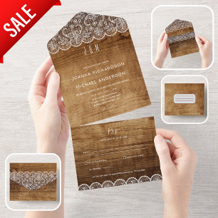 Rustikale Holz-Spitzen-Hochzeit All Inclusive mit  In One Einladung