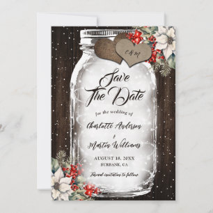 Rustikale Holz-Stechpalmen-Beeren-Mason-Glas-Winte Save The Date
