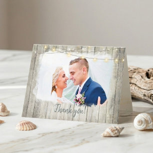 Rustikale Holz-Strand-Lichterketten Foto-Hochzeit Dankeskarte