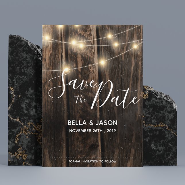 Rustikale Holz-String-Lichter Hochzeit speichern d Magneteinladung (Rustic Wood String Lights Wedding Save The Date Magnetic Invitation)