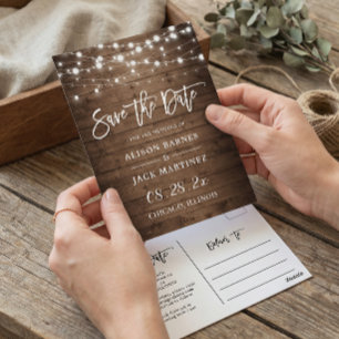 Rustikale Holz-String-Lichter Hochzeit speichern d Postkarte
