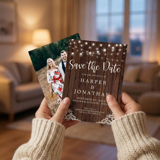 Rustikale Holz-String-Lichter Hochzeit speichern d Save The Date (Von Creator hochgeladen)