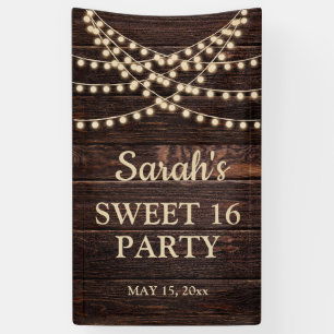 Rustikale Holz-String-Lichter Sweet 16 Name Datum Banner