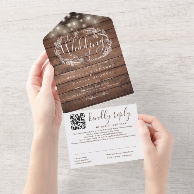 Rustikale Holz String Lights Floral QR Code Hochze All In One Einladung (Abreißen)