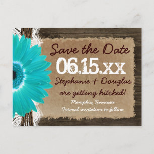 Rustikale Holz Teal Daisy Save-the-Date-Postkarten Ankündigungspostkarte