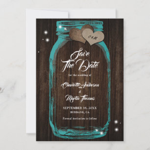 Rustikale Holz-Teal-Mason-Glas-Hochzeit Save The Date