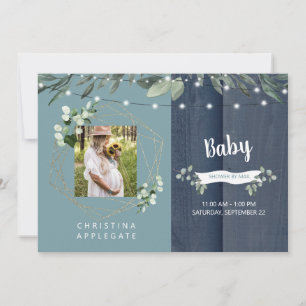 Rustikale Holz-Teal- und Navy-Foto-Baby-Party per  Einladung