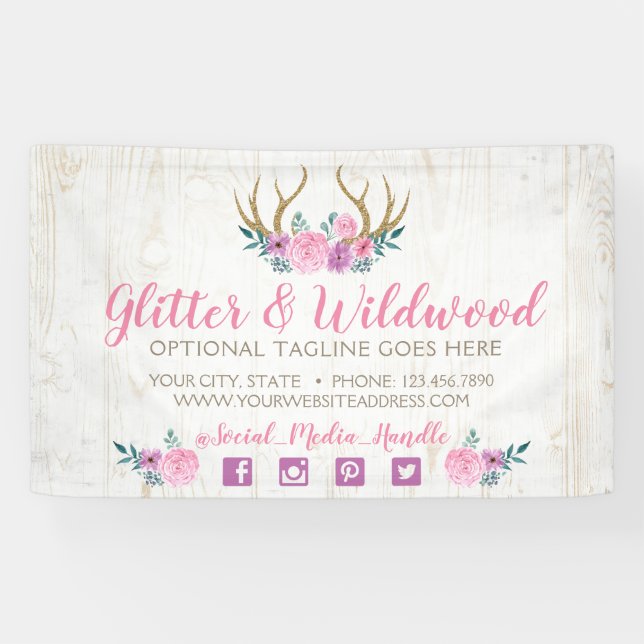 Rustikale Holz- und Aquarellblumen-Antler Boutique Banner (Horizontal)