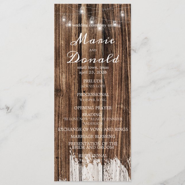 Rustikale Holz- und Laternen-Hochzeit Programm (Vorderseite)