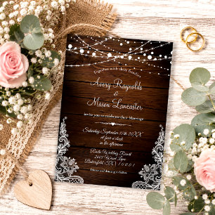 Rustikale Holz- und Lichterketten-Hochzeit Einladung
