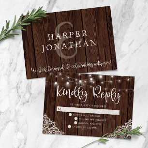 Rustikale Holz- und Lichterketten-Spitzen-Hochzeit RSVP Karte