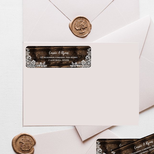 Rustikale Holz- und Spitzen-Hochzeits-Rücksende-Ad (Rustic Wood and Lace Wedding Return Address Label)
