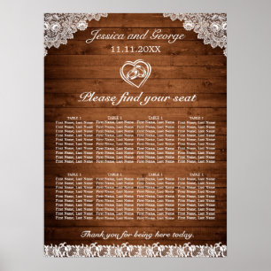 Rustikale Holz- und weiße Spitzen-Hochzeitssitzord Poster
