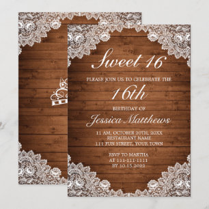 Rustikale Holz- und weiße Spitzen-Tiara Sweet 16 Einladung