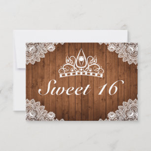 Rustikale Holz- und weiße Spitzen-Tiara Sweet 16 RSVP Karte