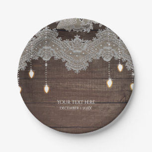 Rustikale Holz- & Vintage-Spitzen- & Lichter-Hochz Pappteller