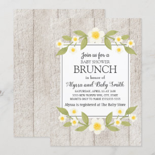 Rustikale Holz-Weiß-Blumen-Baby-Shower-Brunch Einladung