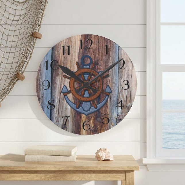 Rustikale Holzanker-Uhr Runde Wanduhr (Wall clock featuring an anchor on a rustic driftwood background)