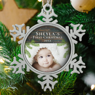 Rustikale Holzäste Baby`s erstes Weihnachten Foto Schneeflocken Zinn-Ornament