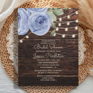 Rustikale Holzblaue Blumenkettenlicht Brautparty Einladung