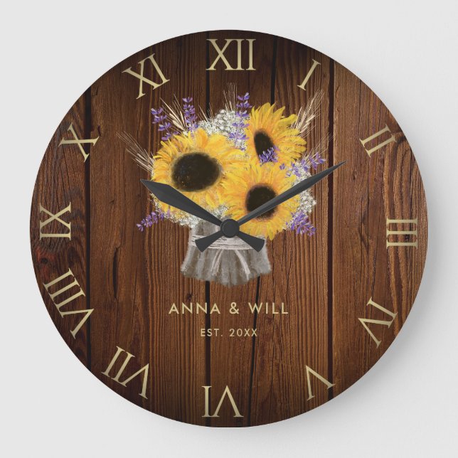 Rustikale Holzblume Moderne Hochzeitsszenarien Große Wanduhr (Vorderseite)