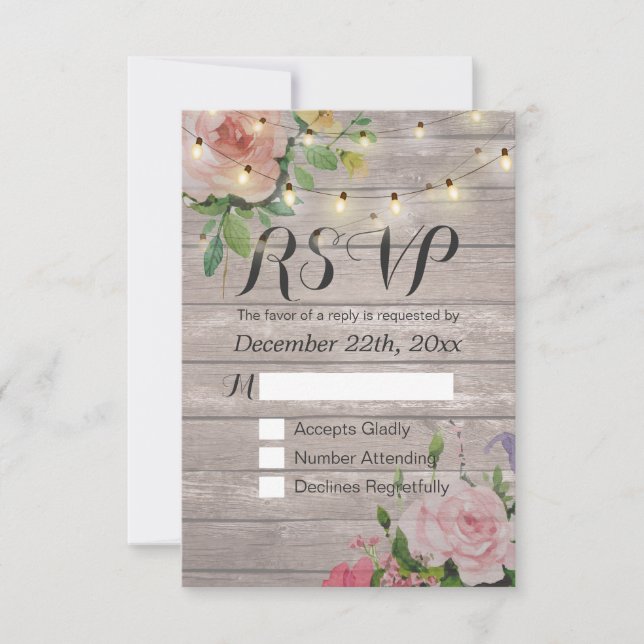 Rustikale Holzblumen-String Light Wedding RSVP Ant (Vorderseite)