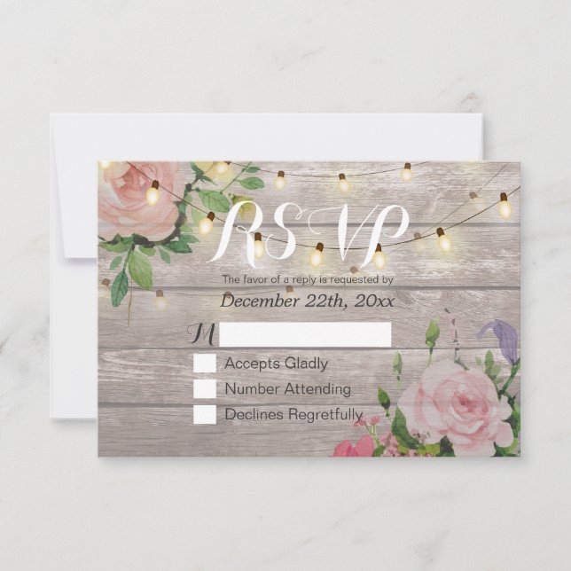 Rustikale Holzblumen-String Light Wedding RSVP Ant (Vorderseite)