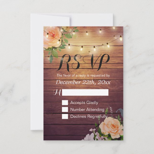 Rustikale Holzblumen-String Light Wedding RSVP Ant (Vorderseite)