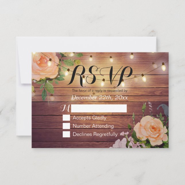 Rustikale Holzblumen-String Light Wedding RSVP Ant (Vorderseite)