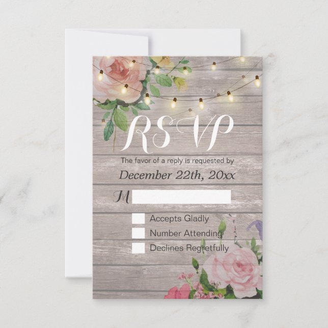 Rustikale Holzblumen-String Light Wedding RSVP Ant (Vorderseite)
