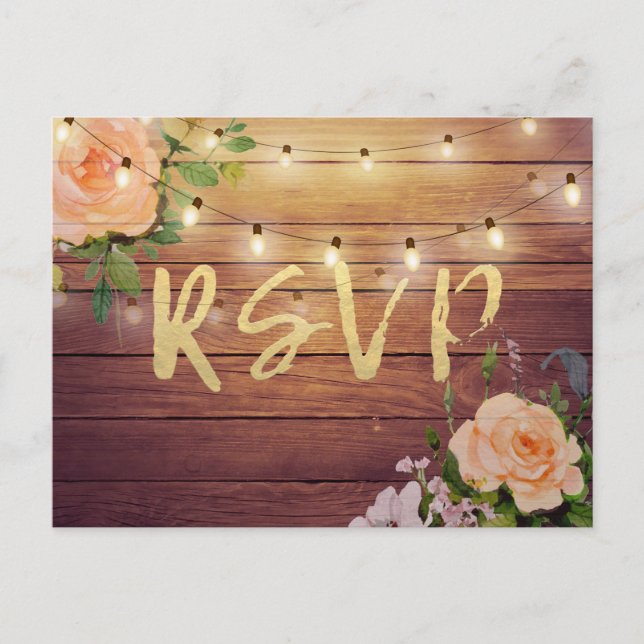 Rustikale Holzblumen-String Light Wedding RSVP Ant Einladungspostkarte (Vorderseite)