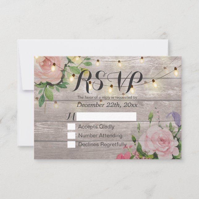 Rustikale Holzblumen-String Light Wedding RSVP Ant Karte (Vorderseite)