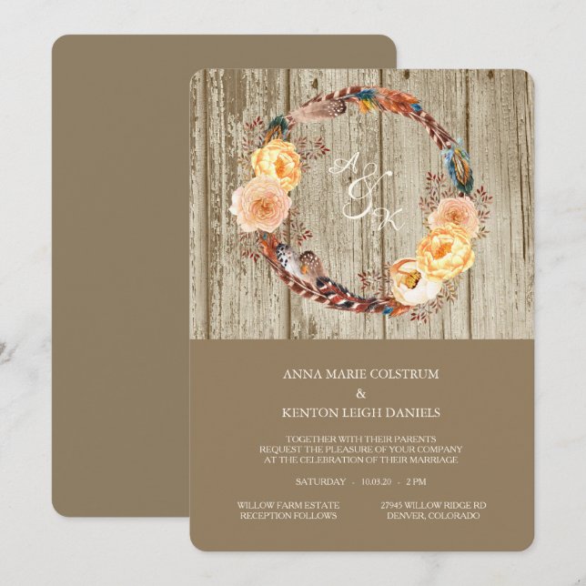 Rustikale Holzblumenzauber Einladung (Vorne/Hinten)