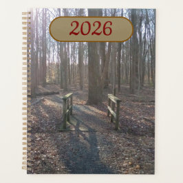 Rustikale Holzbrücke zwischen hohen Bäumen Planer