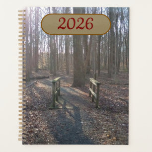 Rustikale Holzbrücke zwischen hohen Bäumen Planer