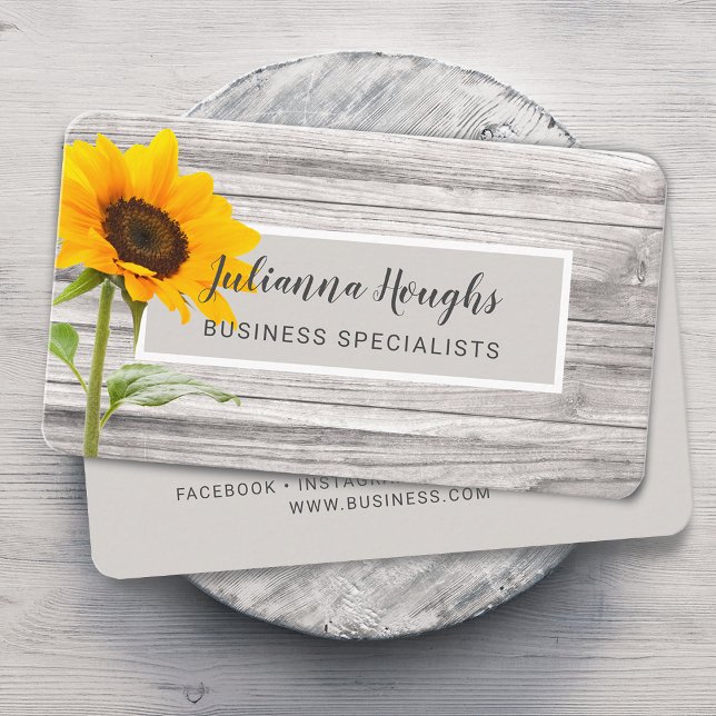 Rustikale Holzdrucksonnenblume Visitenkarte (Rustic Faux Wood Texture Sunflower Business Card)