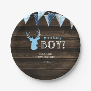 Rustikale hölzerne blaue Rotwild-Jungen-Babyparty Pappteller