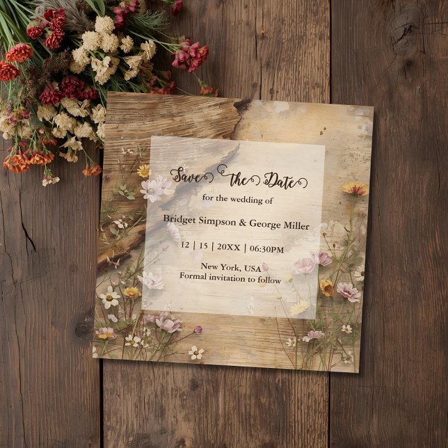 Rustikale hölzerne bohemianische Hochzeit mit Blum Save The Date (Von Creator hochgeladen)