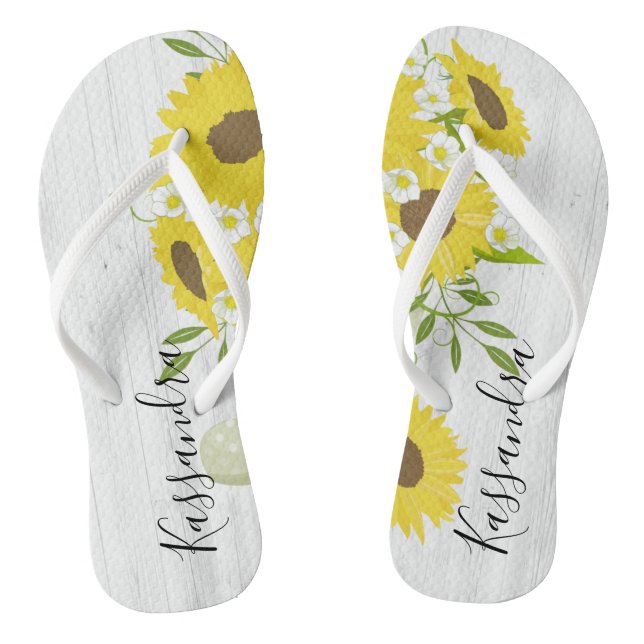 Rustikale hölzerne Sonnenblume-Blumen drehen Flip Flops (Fußbett)