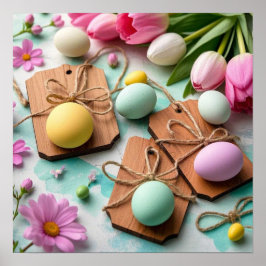 Rustikale Holzetiketten mit bemalten Ostereiern Poster